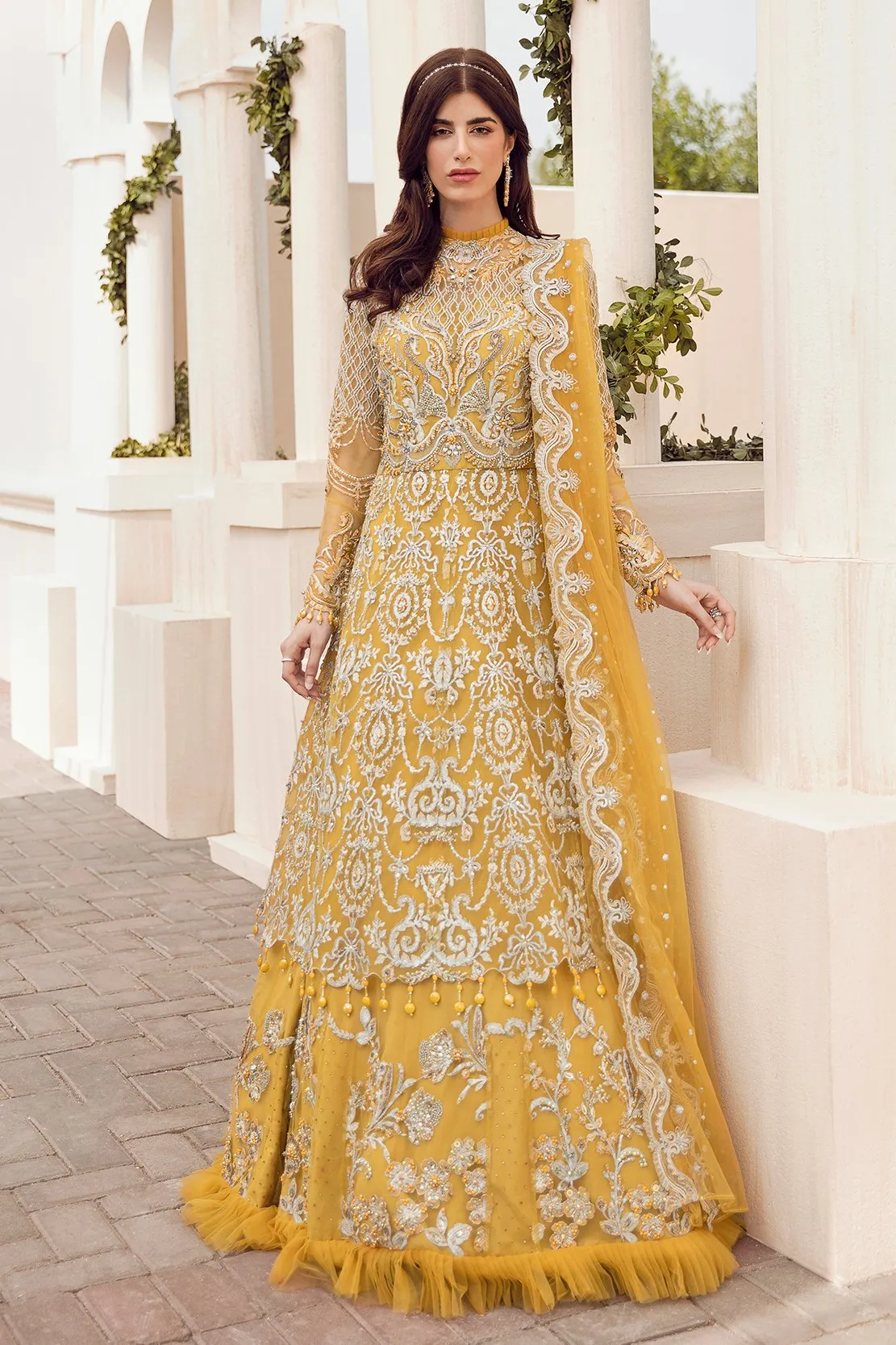 Elegant Maxi Dress Pakistani In Yellow Color #PF148