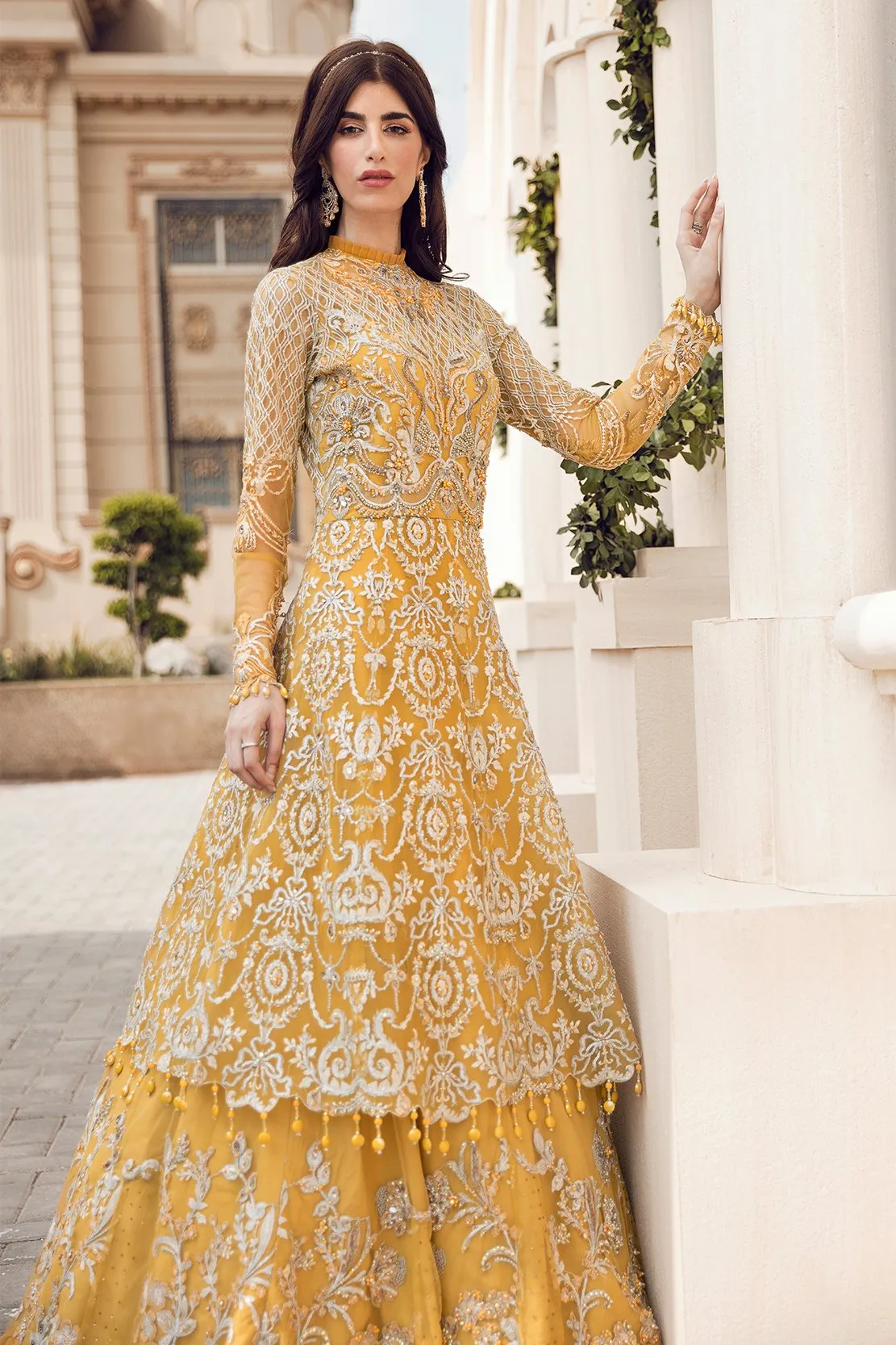 Elegant Maxi Dress Pakistani In Yellow Color #PF148