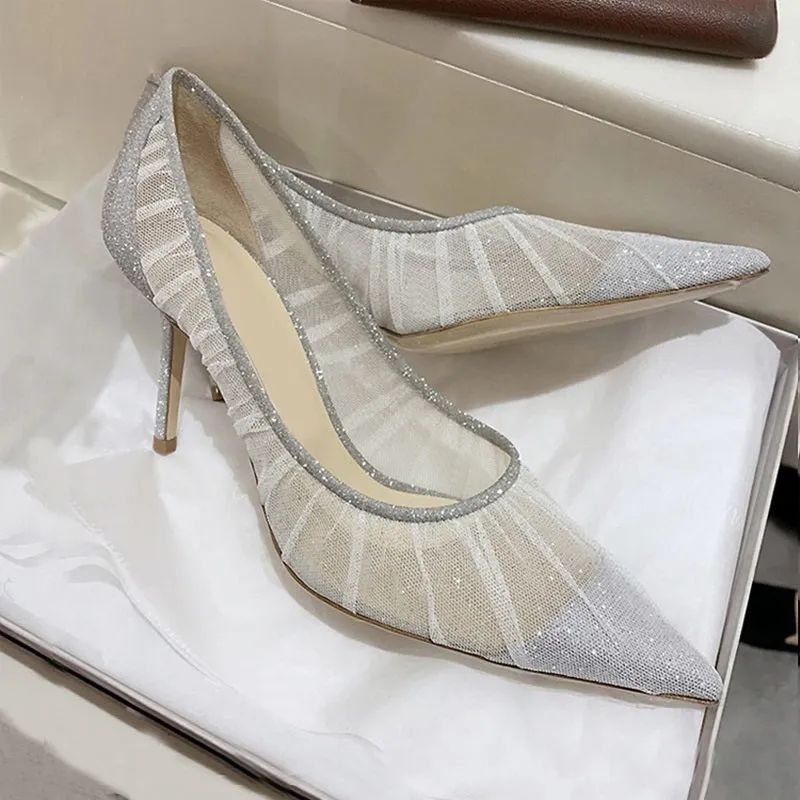 Elegant White Lace Mesh High Heel Pump Pointed Toe Silver Glitter Wedding Shoes Bride Slip-on Pleated Shallow Party Heels Shoes