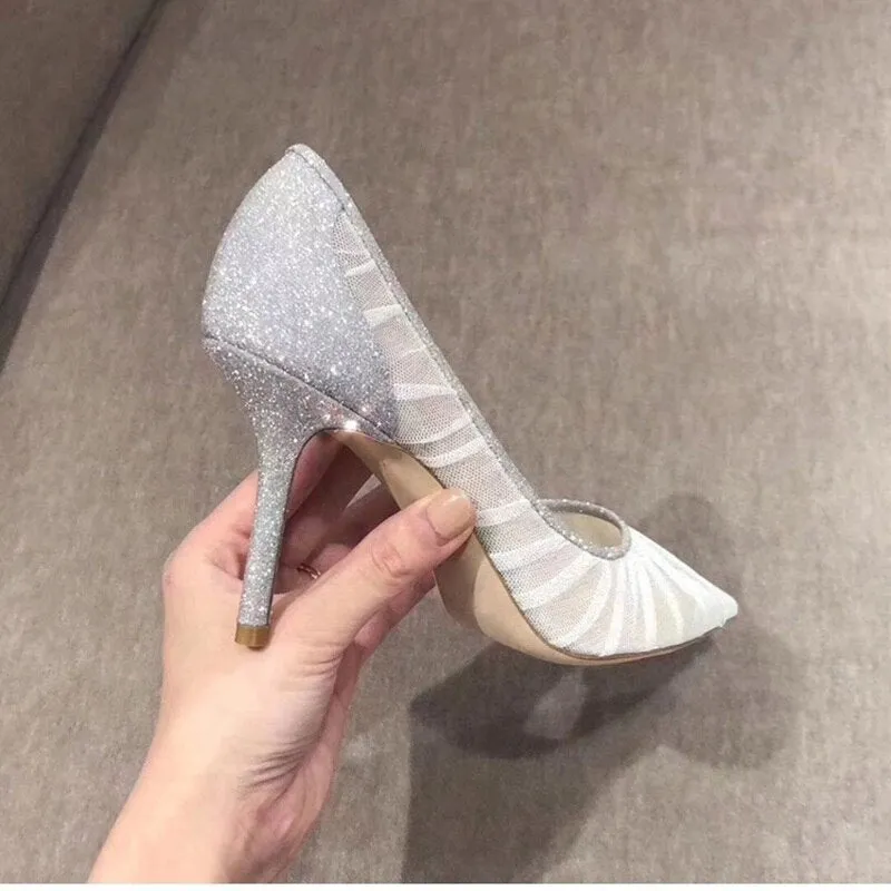 Elegant White Lace Mesh High Heel Pump Pointed Toe Silver Glitter Wedding Shoes Bride Slip-on Pleated Shallow Party Heels Shoes