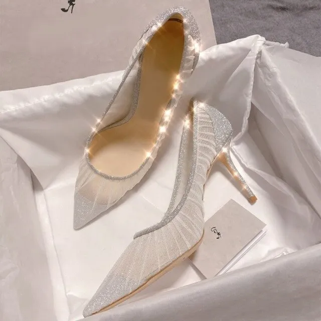 Elegant White Lace Mesh High Heel Pump Pointed Toe Silver Glitter Wedding Shoes Bride Slip-on Pleated Shallow Party Heels Shoes