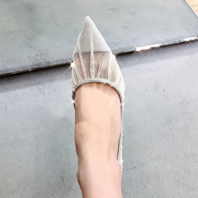 Elegant White Lace Mesh High Heel Pump Pointed Toe Silver Glitter Wedding Shoes Bride Slip-on Pleated Shallow Party Heels Shoes