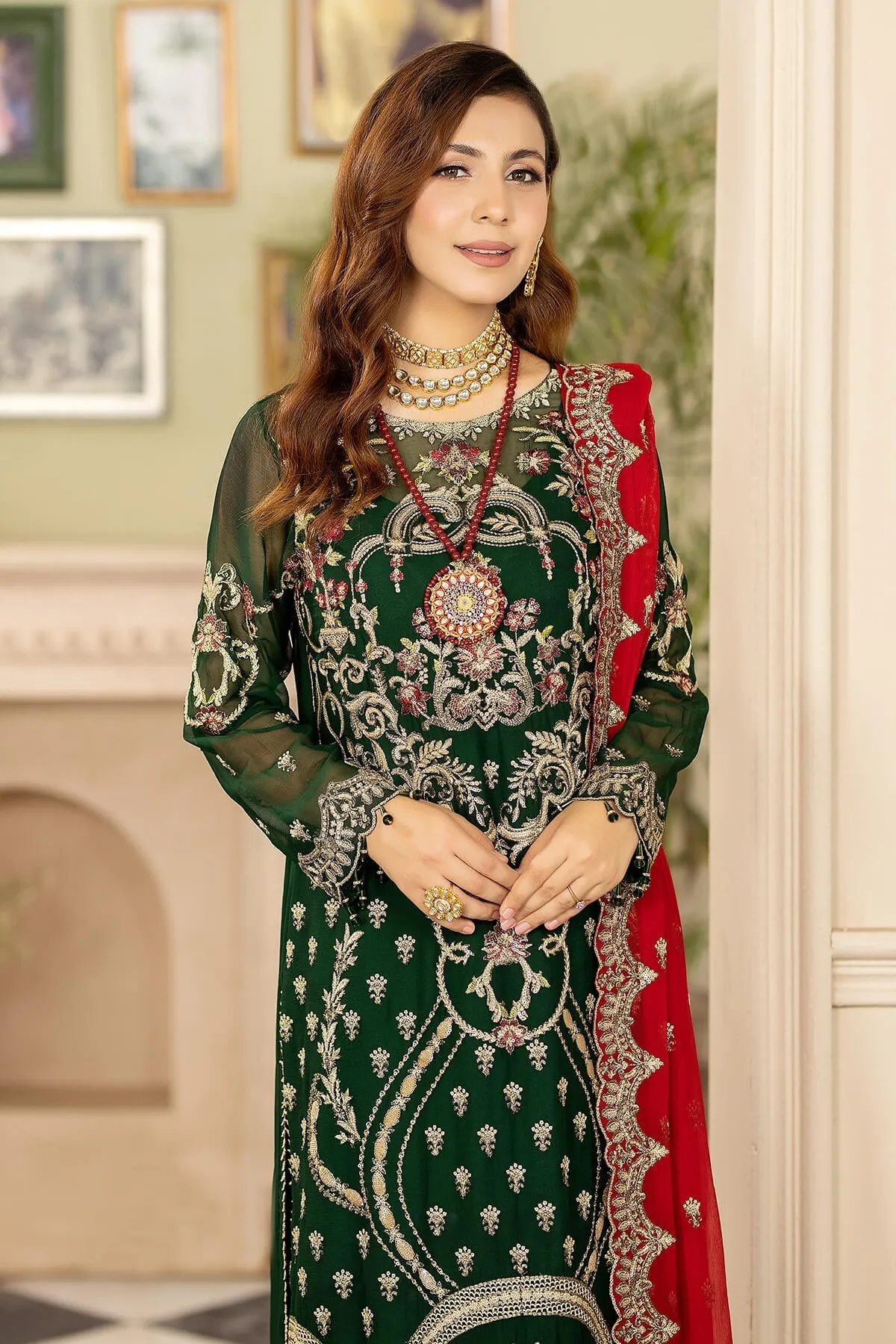 Embroidered Green Pakistani Salwar Kameez and Dupatta