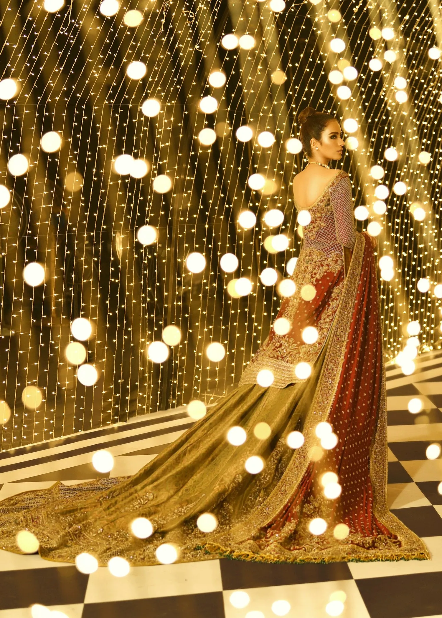 Embroidered Pakistani bridal lehnga in gold and maroon color # B3370