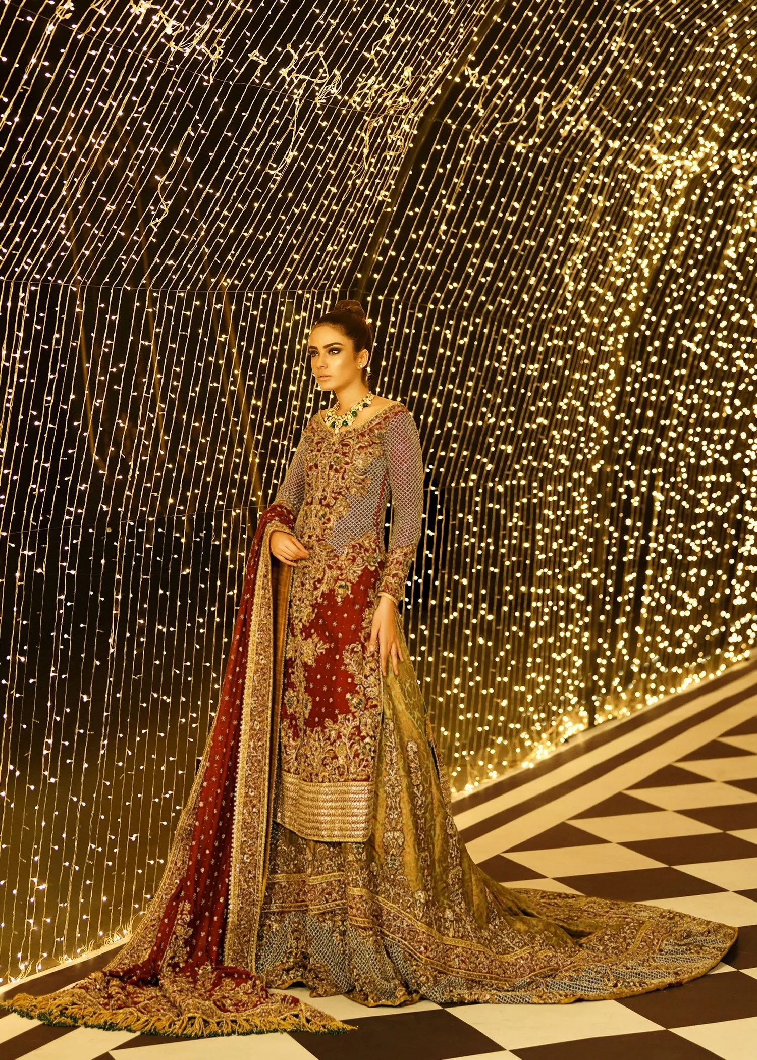 Embroidered Pakistani bridal lehnga in gold and maroon color # B3370