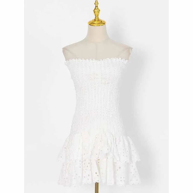 Embroidered Ruffled Strapless Mini Dress