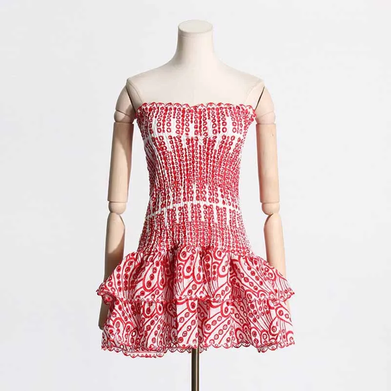 Embroidered Ruffled Strapless Mini Dress