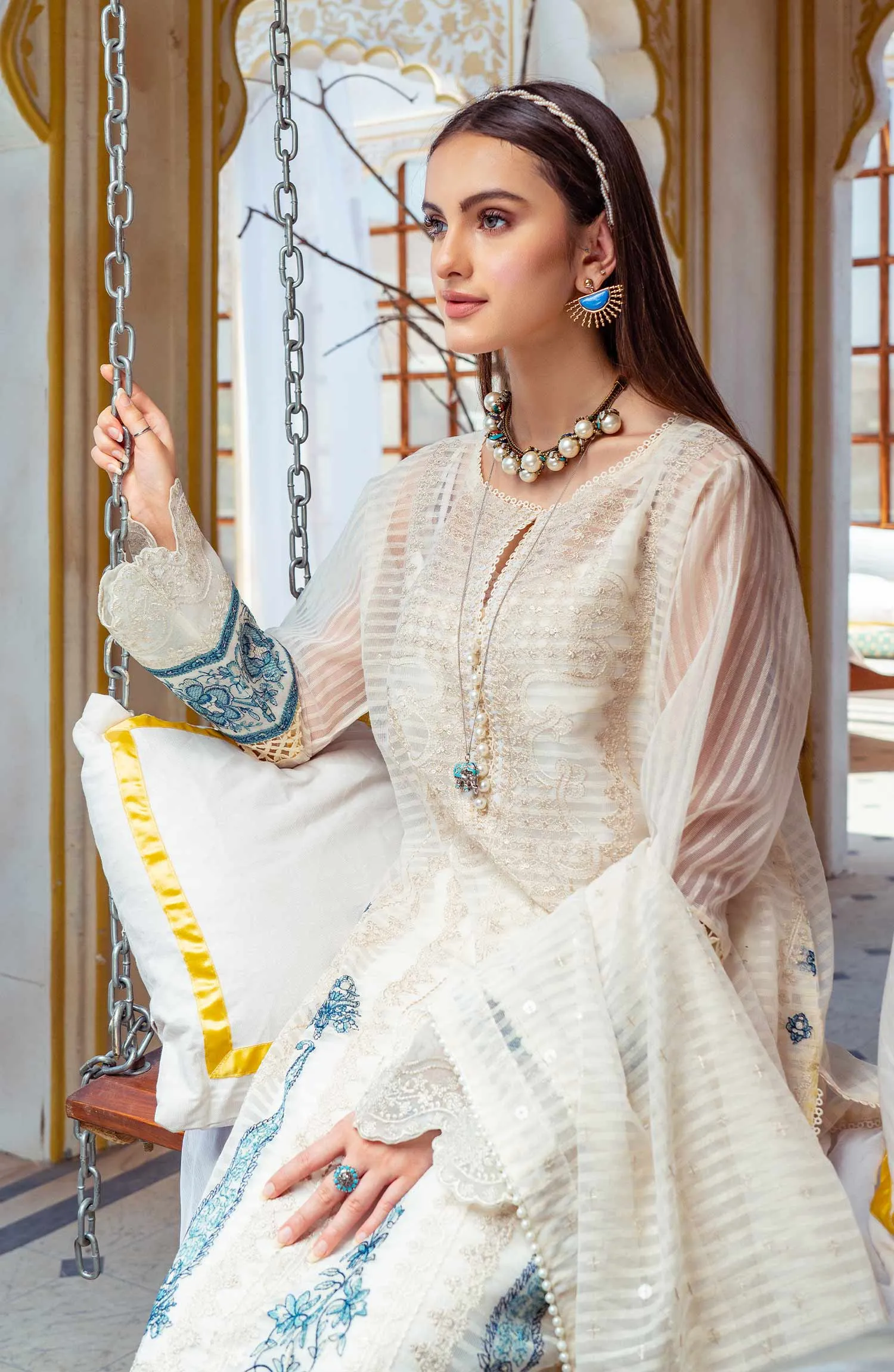 Embroidered Salwar Kameez Trouser Dupatta in Organza Fabric