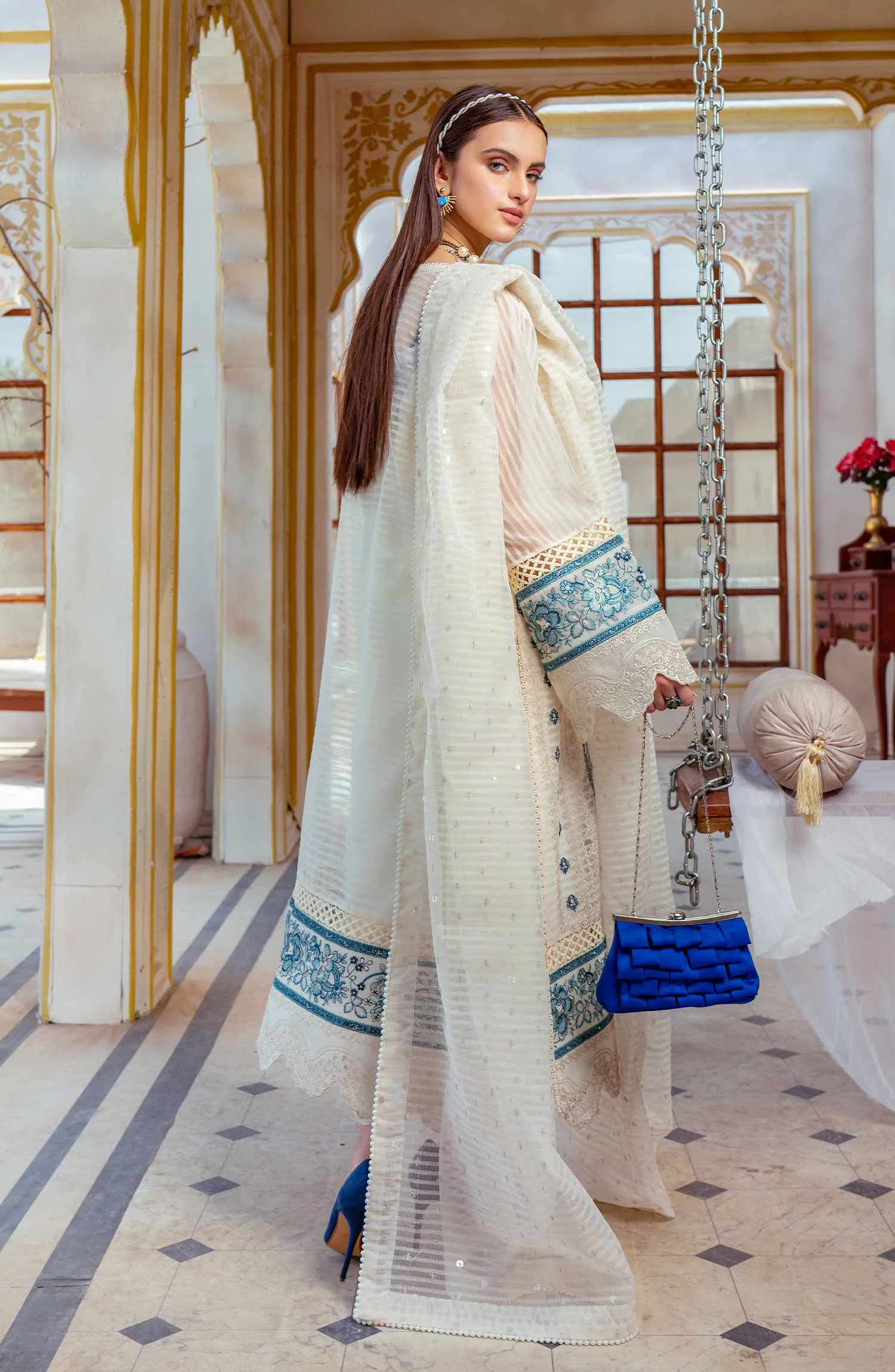 Embroidered Salwar Kameez Trouser Dupatta in Organza Fabric