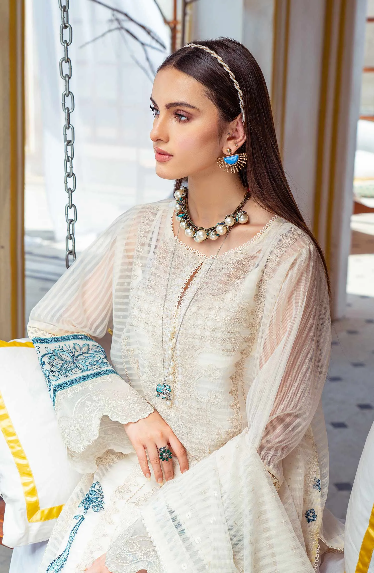 Embroidered Salwar Kameez Trouser Dupatta in Organza Fabric