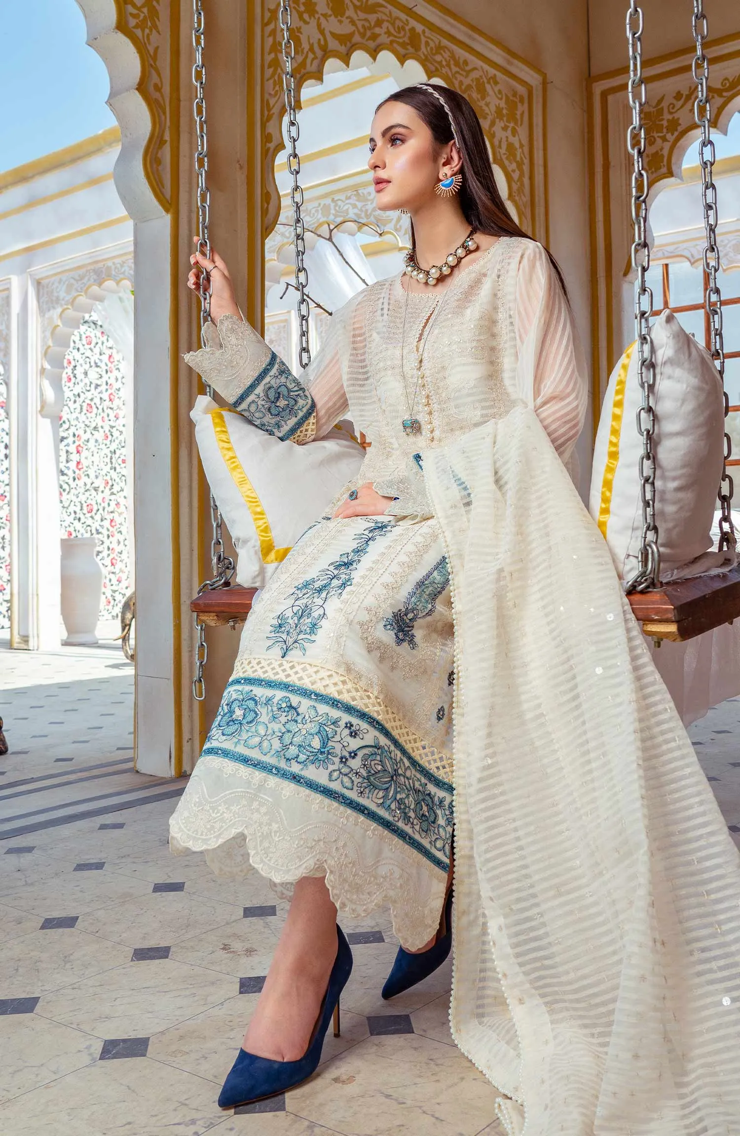 Embroidered Salwar Kameez Trouser Dupatta in Organza Fabric