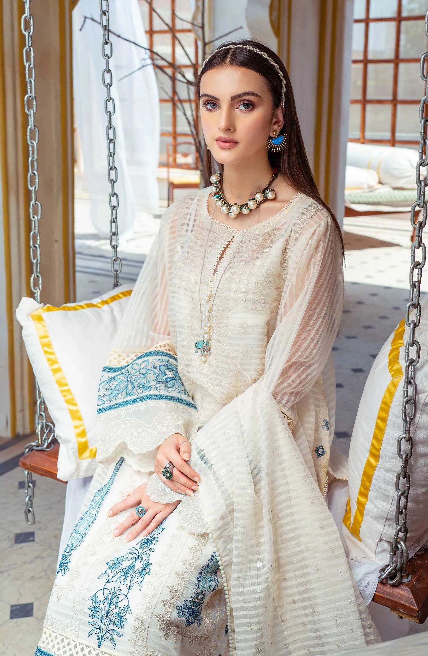 Embroidered Salwar Kameez Trouser Dupatta in Organza Fabric