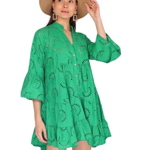 English Embroidered Short Dress Billowy Sleeves: Green