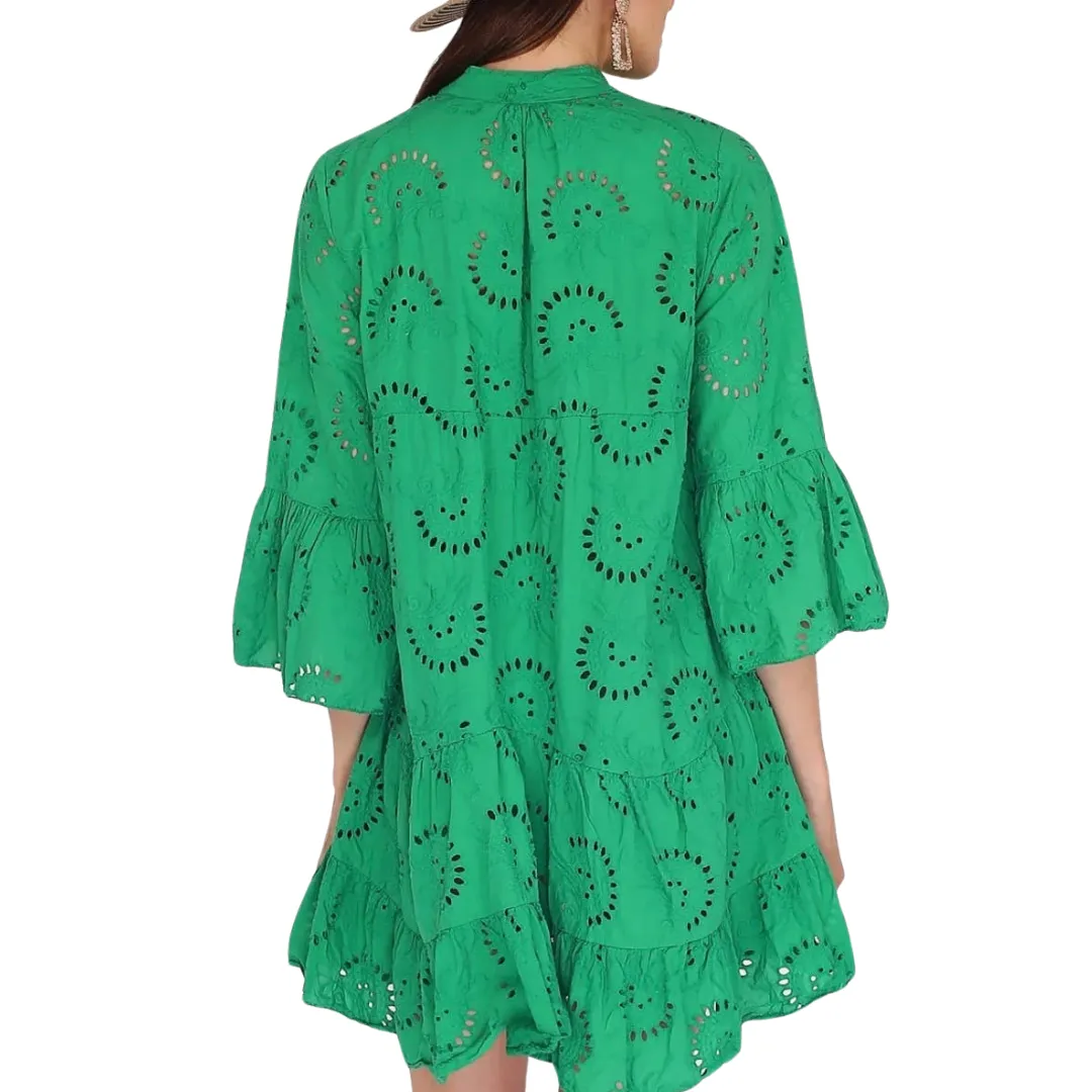 English Embroidered Short Dress Billowy Sleeves: Green