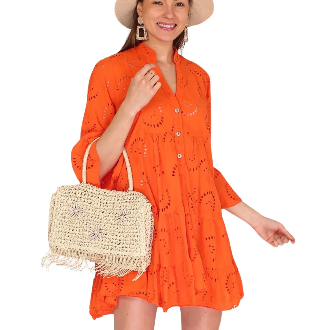 English Embroidered Short Dress Billowy Sleeves: Green