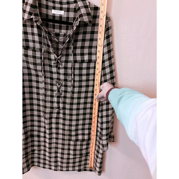 Equipment Femme Knox Plaid Silk Dress Long Sleeve Lace Up Black White Sz S