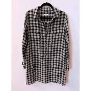 Equipment Femme Knox Plaid Silk Dress Long Sleeve Lace Up Black White Sz S
