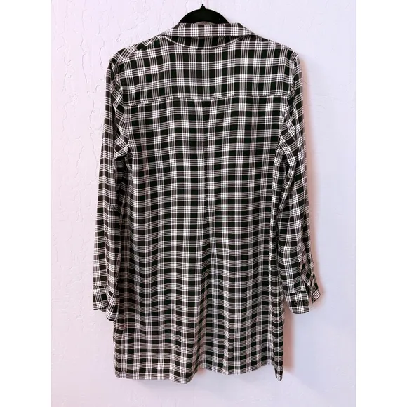 Equipment Femme Knox Plaid Silk Dress Long Sleeve Lace Up Black White Sz S
