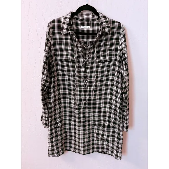 Equipment Femme Knox Plaid Silk Dress Long Sleeve Lace Up Black White Sz S