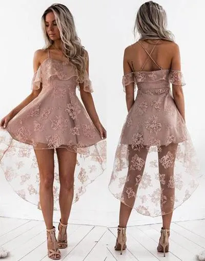 Fashion Blush A-Line Lace Off Shoulder High Low Homecoming Dress, MH211