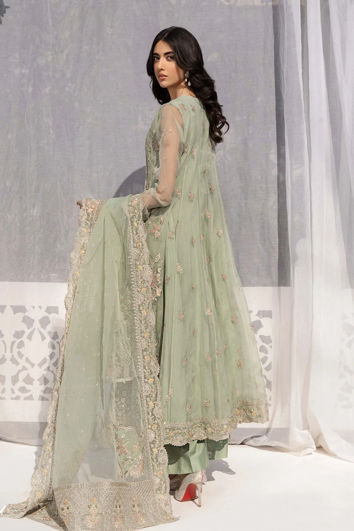 Ferozi Shade Maria B Embroidered Pakistani Party Wear Frock
