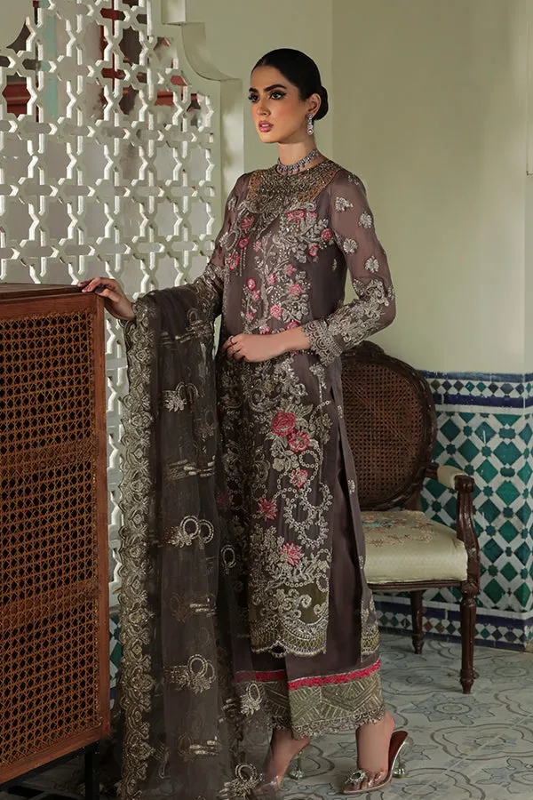 Festive Pakistani Eid Dress in Embroidered Chiffon Kameez Trouser and Net Dupatta Style