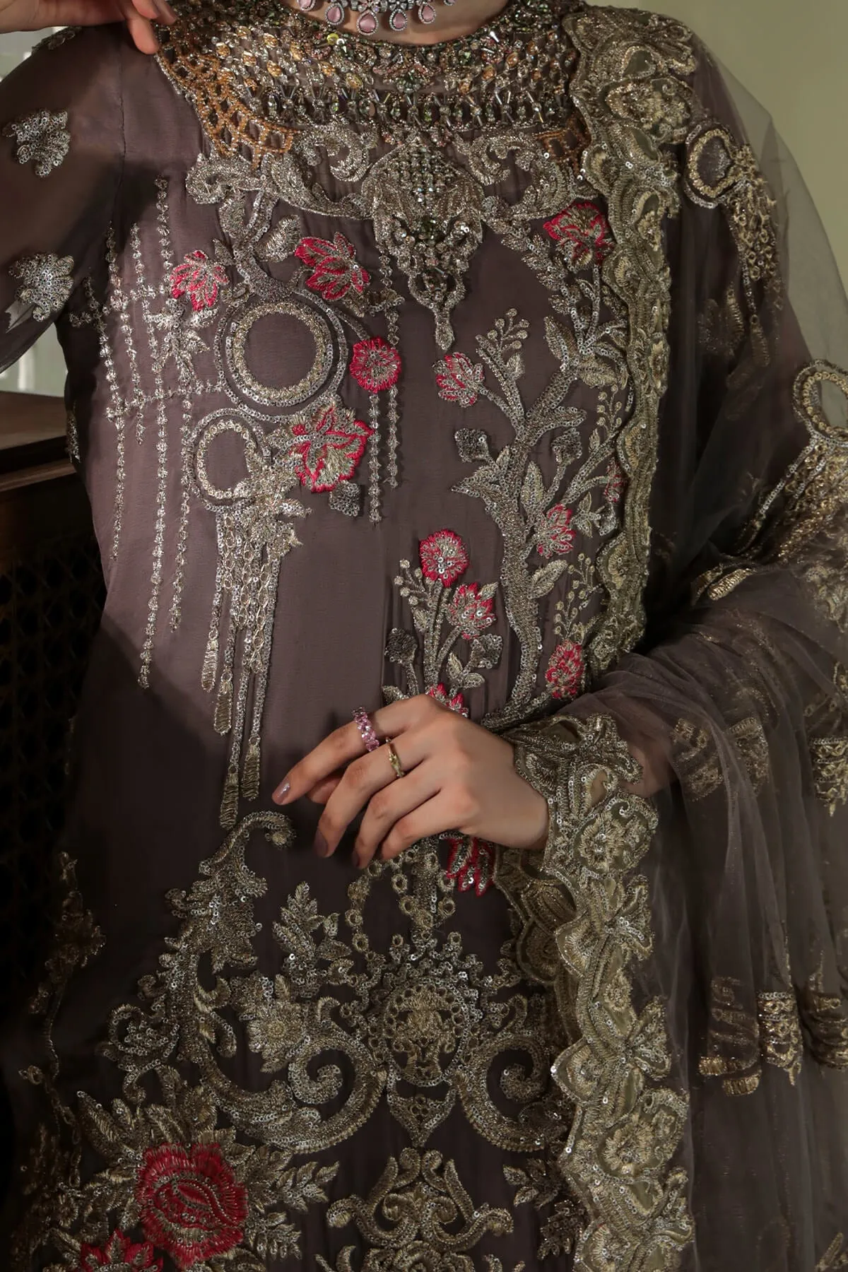 Festive Pakistani Eid Dress in Embroidered Chiffon Kameez Trouser and Net Dupatta Style
