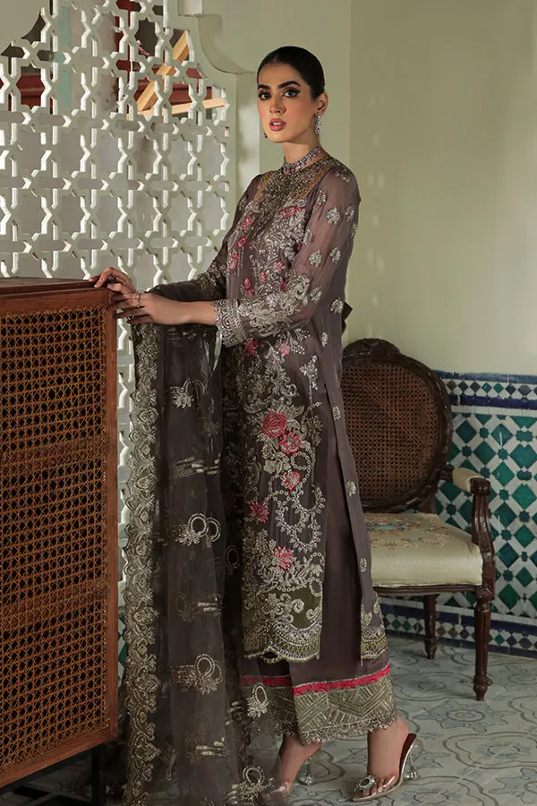 Festive Pakistani Eid Dress in Embroidered Chiffon Kameez Trouser and Net Dupatta Style