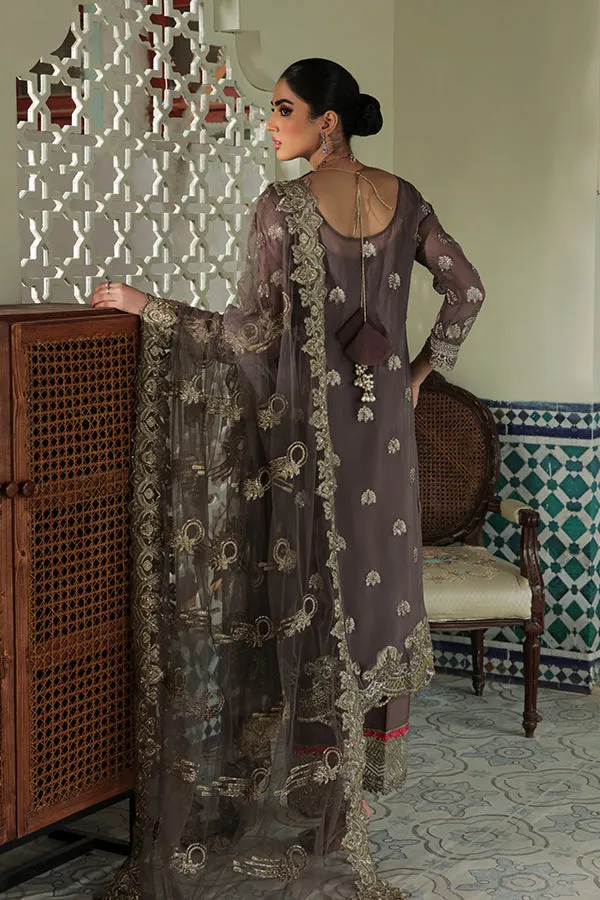 Festive Pakistani Eid Dress in Embroidered Chiffon Kameez Trouser and Net Dupatta Style