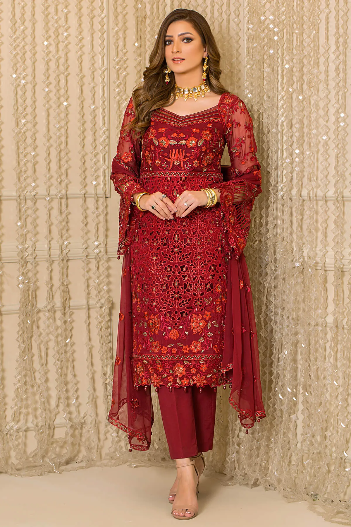 Festive Pakistani Party Dress in Embroidered Organza Kameez Trousers and Dupatta Style