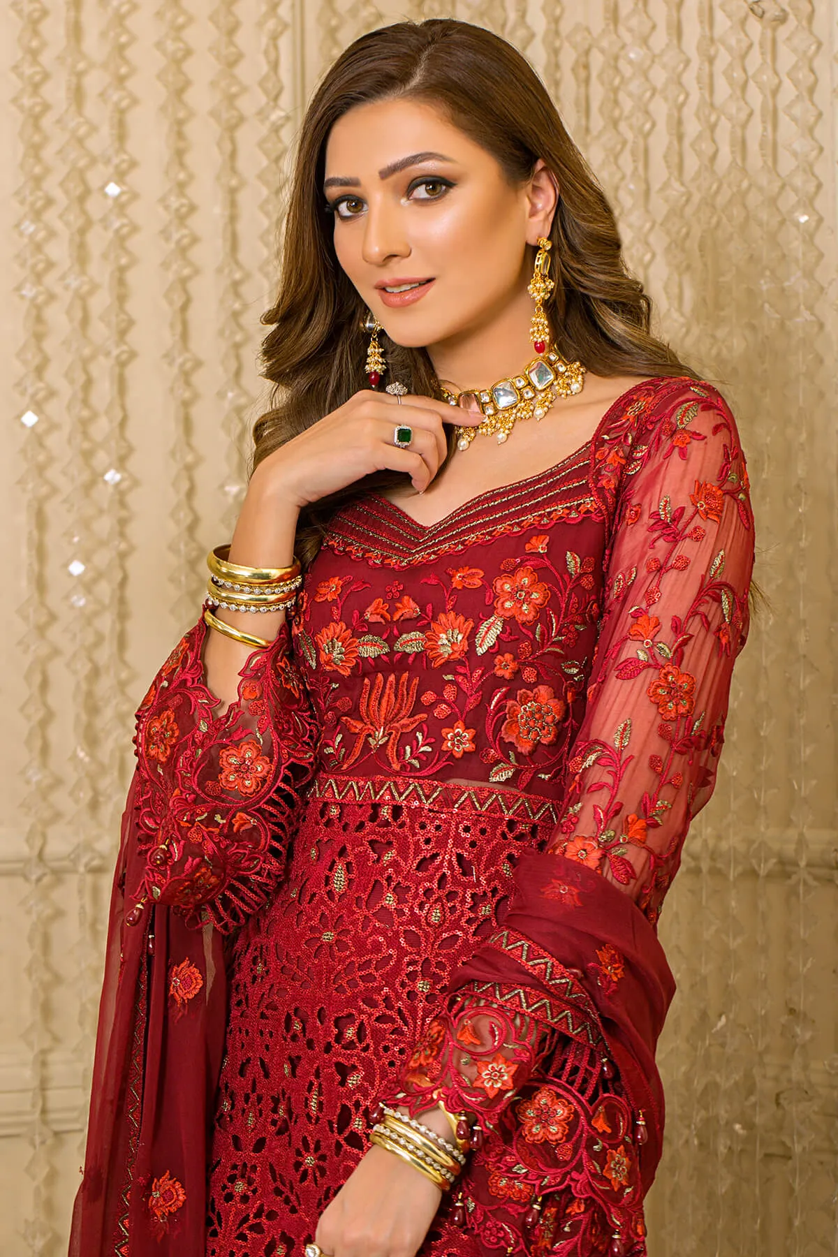 Festive Pakistani Party Dress in Embroidered Organza Kameez Trousers and Dupatta Style