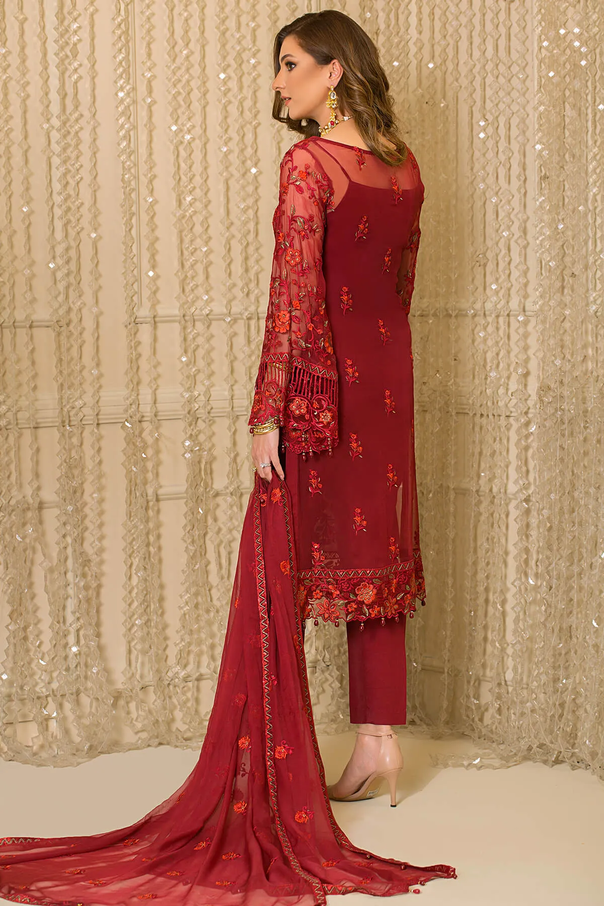 Festive Pakistani Party Dress in Embroidered Organza Kameez Trousers and Dupatta Style