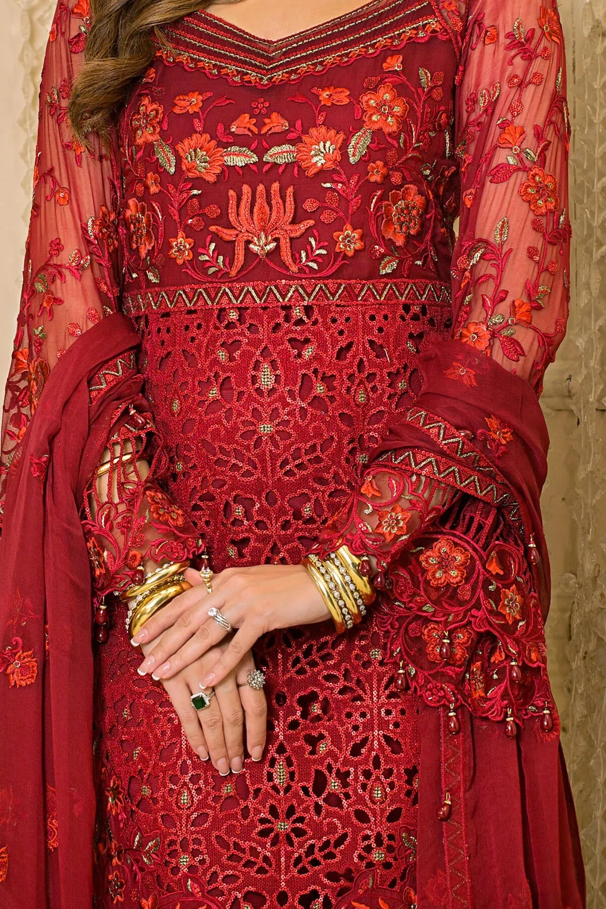 Festive Pakistani Party Dress in Embroidered Organza Kameez Trousers and Dupatta Style