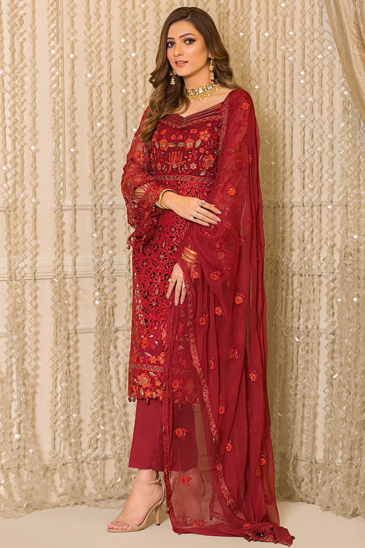 Festive Pakistani Party Dress in Embroidered Organza Kameez Trousers and Dupatta Style