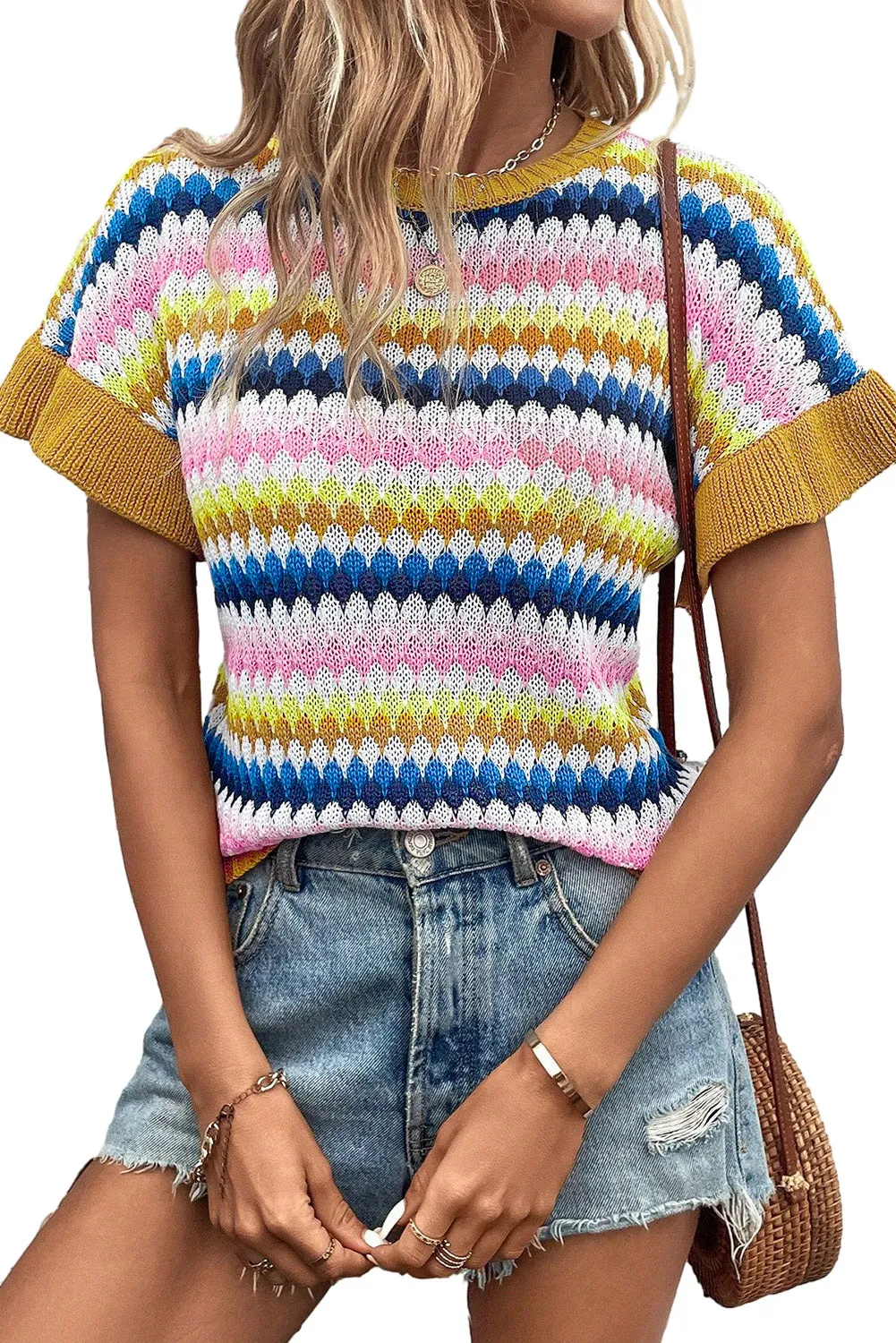 Fiery Red Trimmed Ruffle Sleeve Colorful Textured Sweater