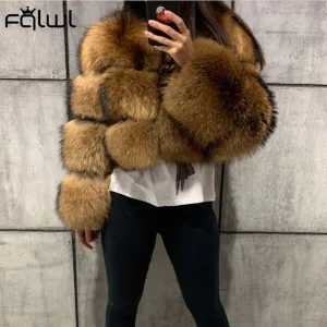 FQLWL Winter Thick Warmres n Long Sleeve Crop Jacket Coat Female Brown Cropped Faux Fur Coat Casual 2021 New