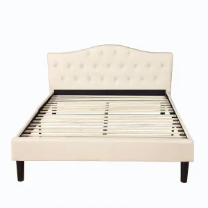 Full size Ivory Linen Upholstered Platform Bed with Button Tufted Padded Headboard