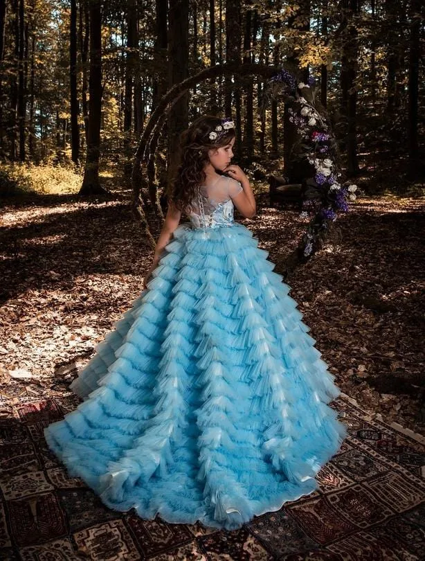 Genoa Long Blue Ruffled Flower Girl Dress