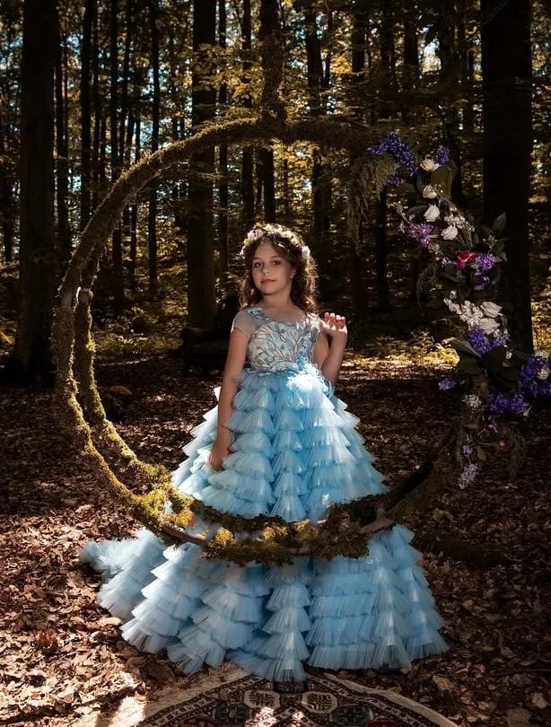 Genoa Long Blue Ruffled Flower Girl Dress