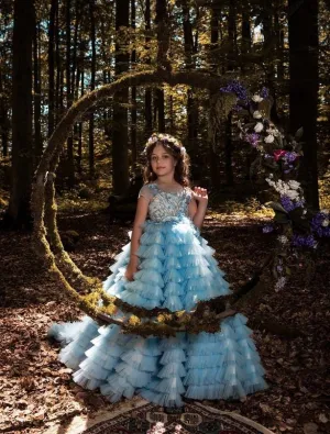 Genoa Long Blue Ruffled Flower Girl Dress