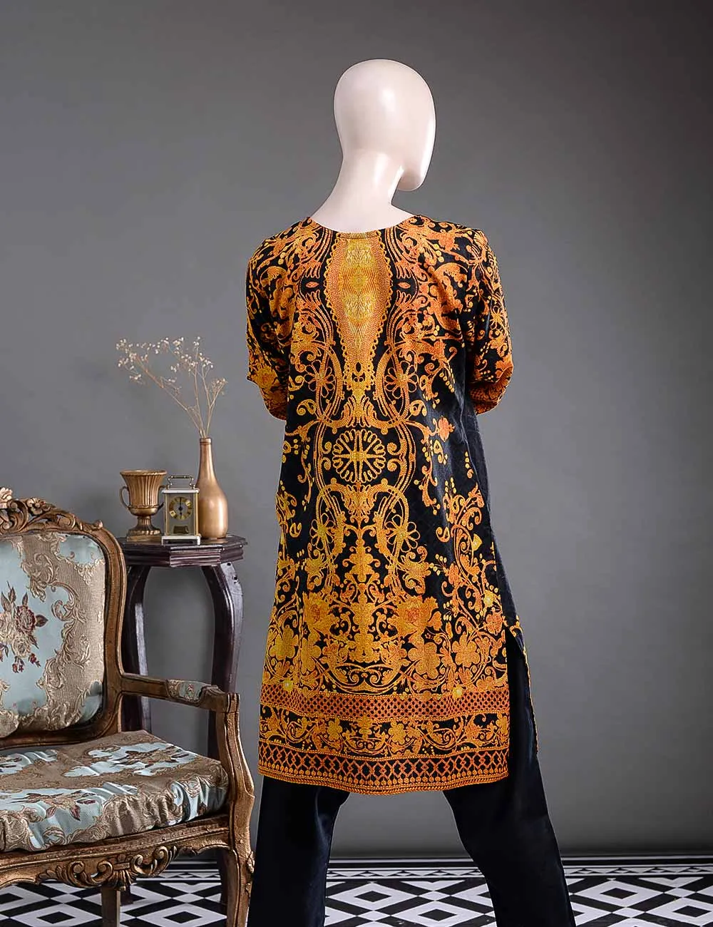 GK-1B - Metallic Flora  |  Unstitched Printed & Embroidered Khaddar Dress