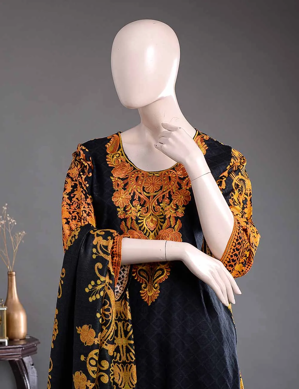 GK-1B - Metallic Flora  |  Unstitched Printed & Embroidered Khaddar Dress