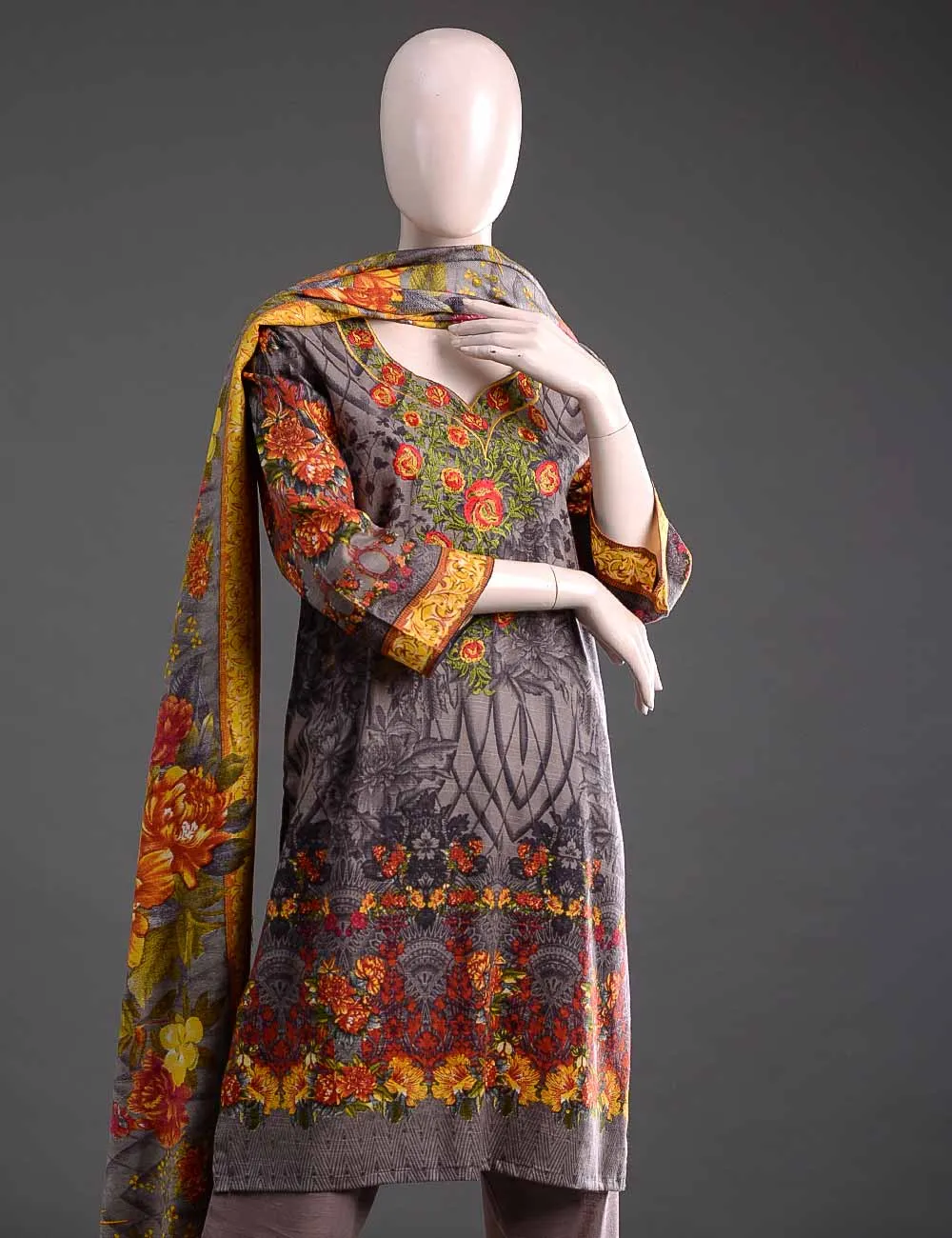 GK-5A - Classically Intricate   |  Unstitched Printed & Embroidered Khaddar Dress