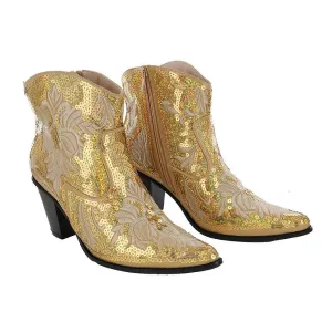 Gold Short Sequin & Embroidered Boots w/ Zipper