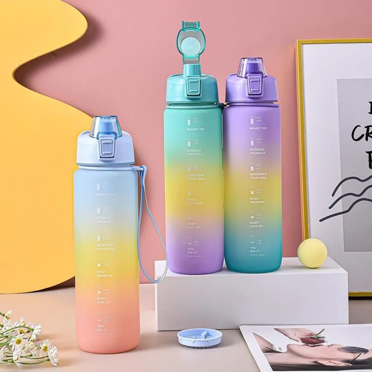 Gradient Time-Marked Tritan Water Bottle with Flip Lid - 1000ml