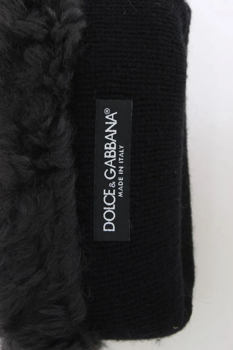 Gray Leather Shearling Fur Gloves