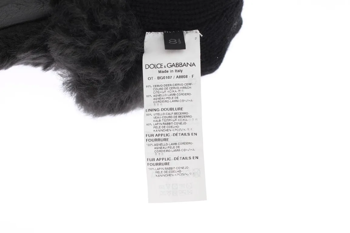 Gray Leather Shearling Fur Gloves