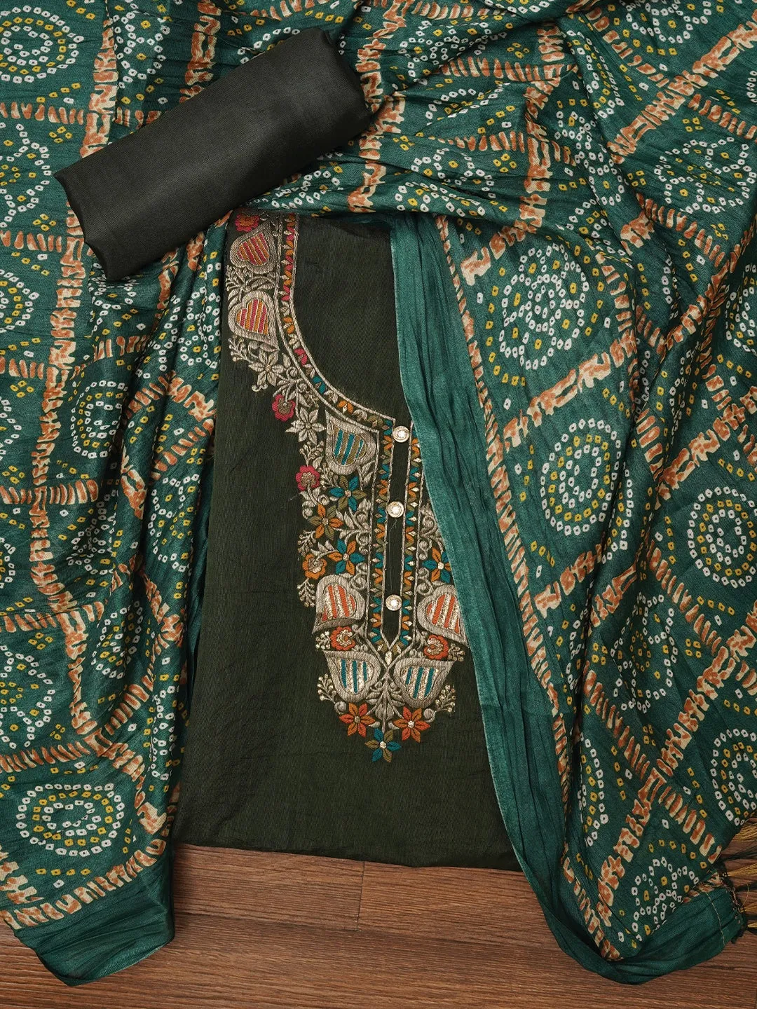 Green Unstitched Zari Silk Blend Dress Material With Dupatta