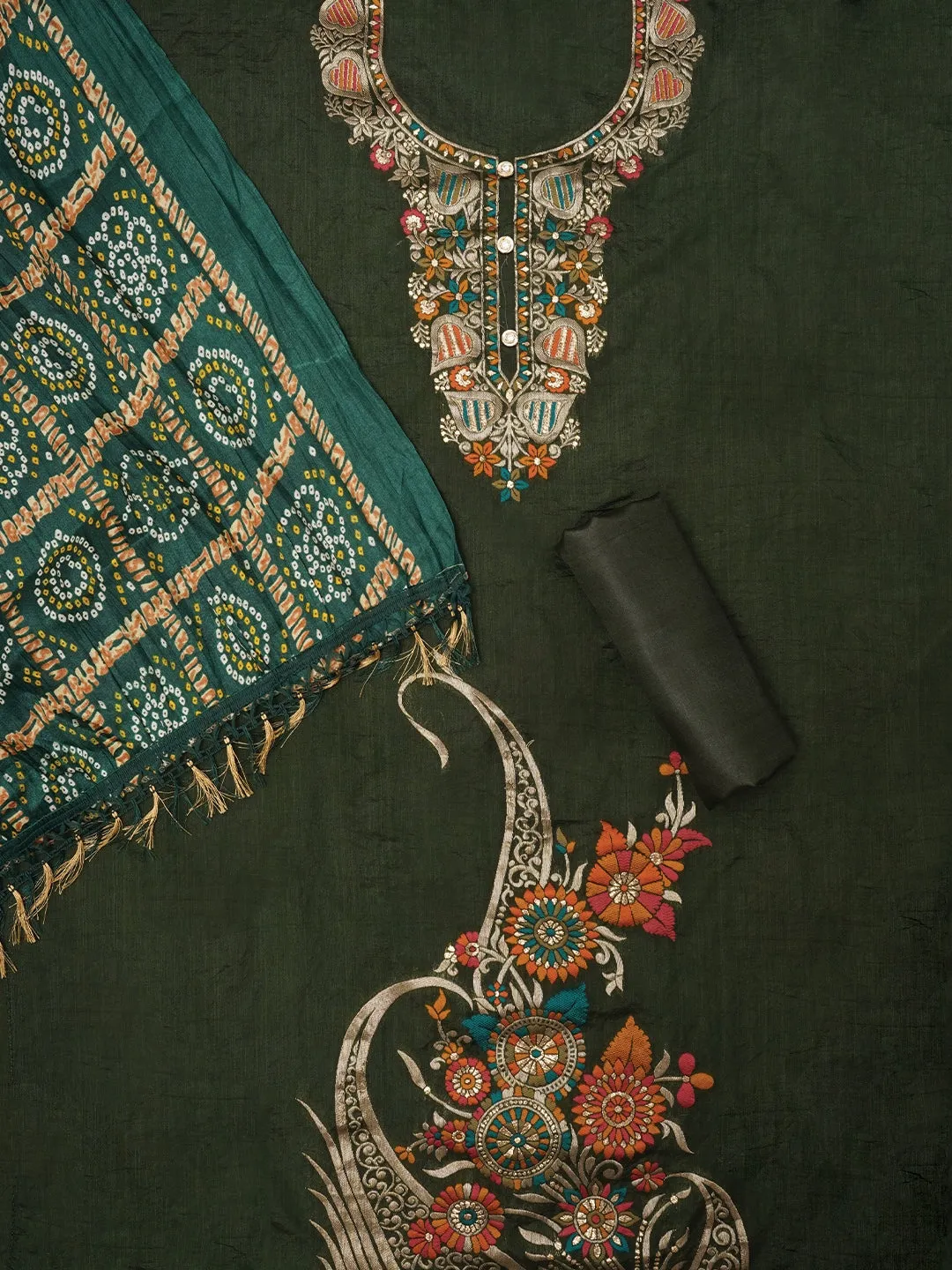 Green Unstitched Zari Silk Blend Dress Material With Dupatta