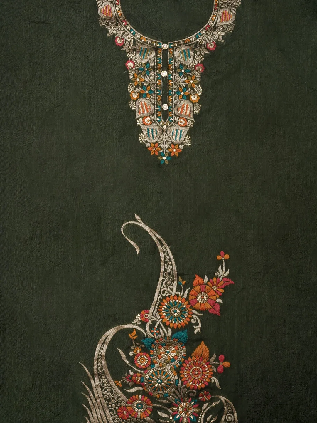 Green Unstitched Zari Silk Blend Dress Material With Dupatta